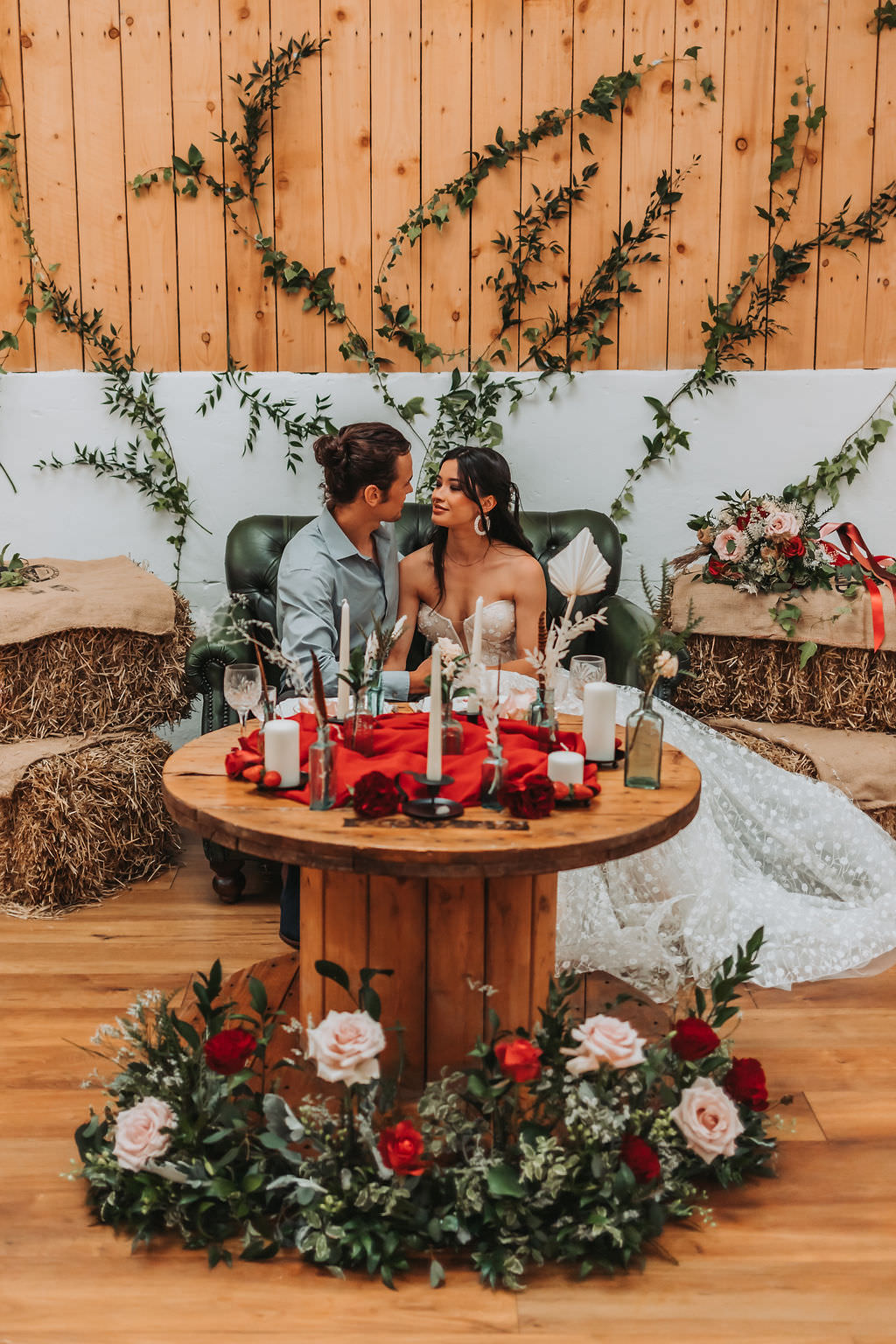 Wooden Cable Drum Table Red Decor Bold Wedding Ideas Pasha Jansen Photography