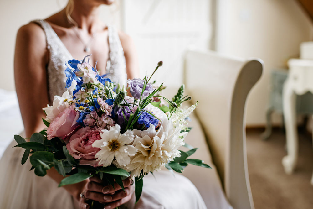 Bouquet Flowers Bride Bridal Blue Pink Rose Cosmos Daisy Buckinghamshire Barn Wedding Rebecca Walters Photography