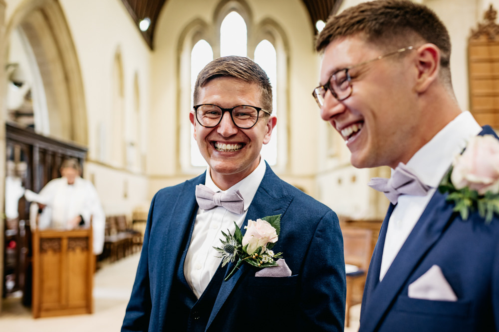 Groom Navy Suit Purple Bow Tie Buckinghamshire Barn Wedding Rebecca Walters Photography