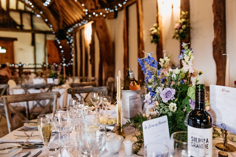 Centrepiece Flowers Decor Purple Blue Buckinghamshire Barn Wedding Rebecca Walters Photography