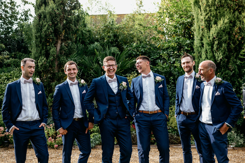 Groom Navy Suit Purple Bow Tie Groomsmen Buckinghamshire Barn Wedding Rebecca Walters Photography