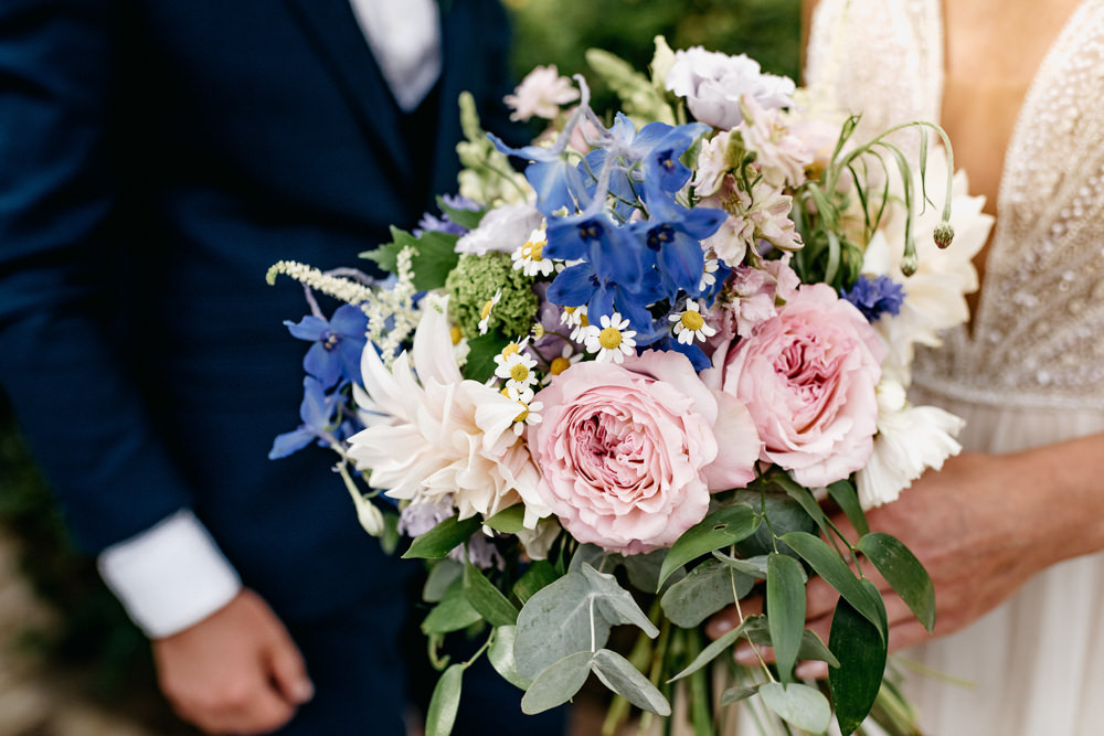 Bouquet Flowers Bride Bridal Blue Pink Rose Cosmos Daisy Buckinghamshire Barn Wedding Rebecca Walters Photography