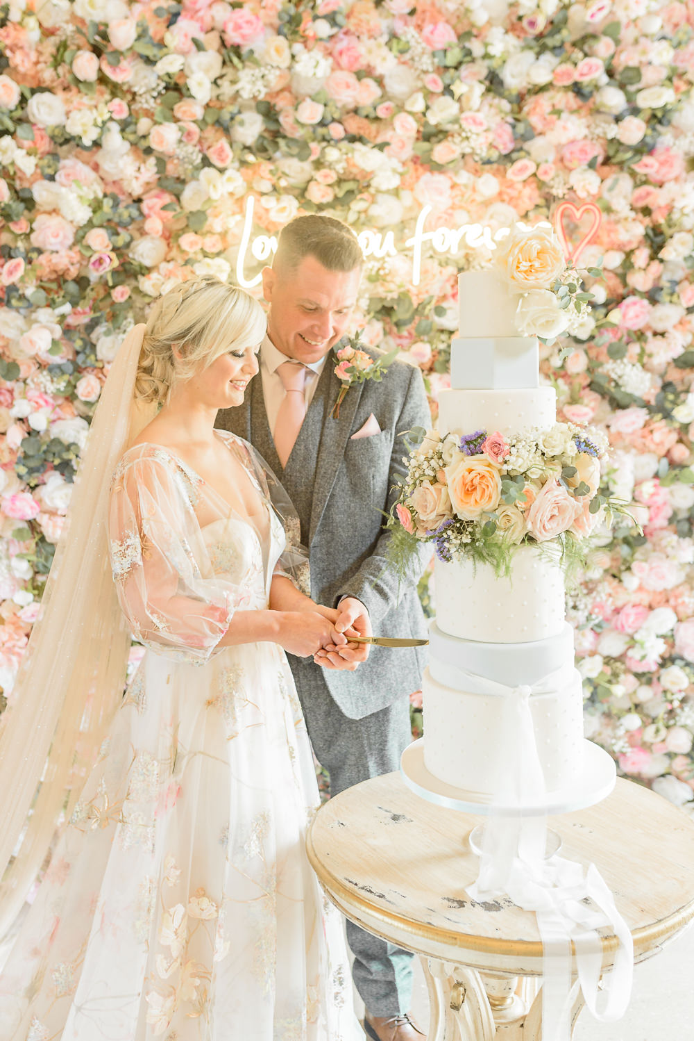 Flower Wall Neon Sign Burlton Manor Wedding Tanya Flannagan Photography