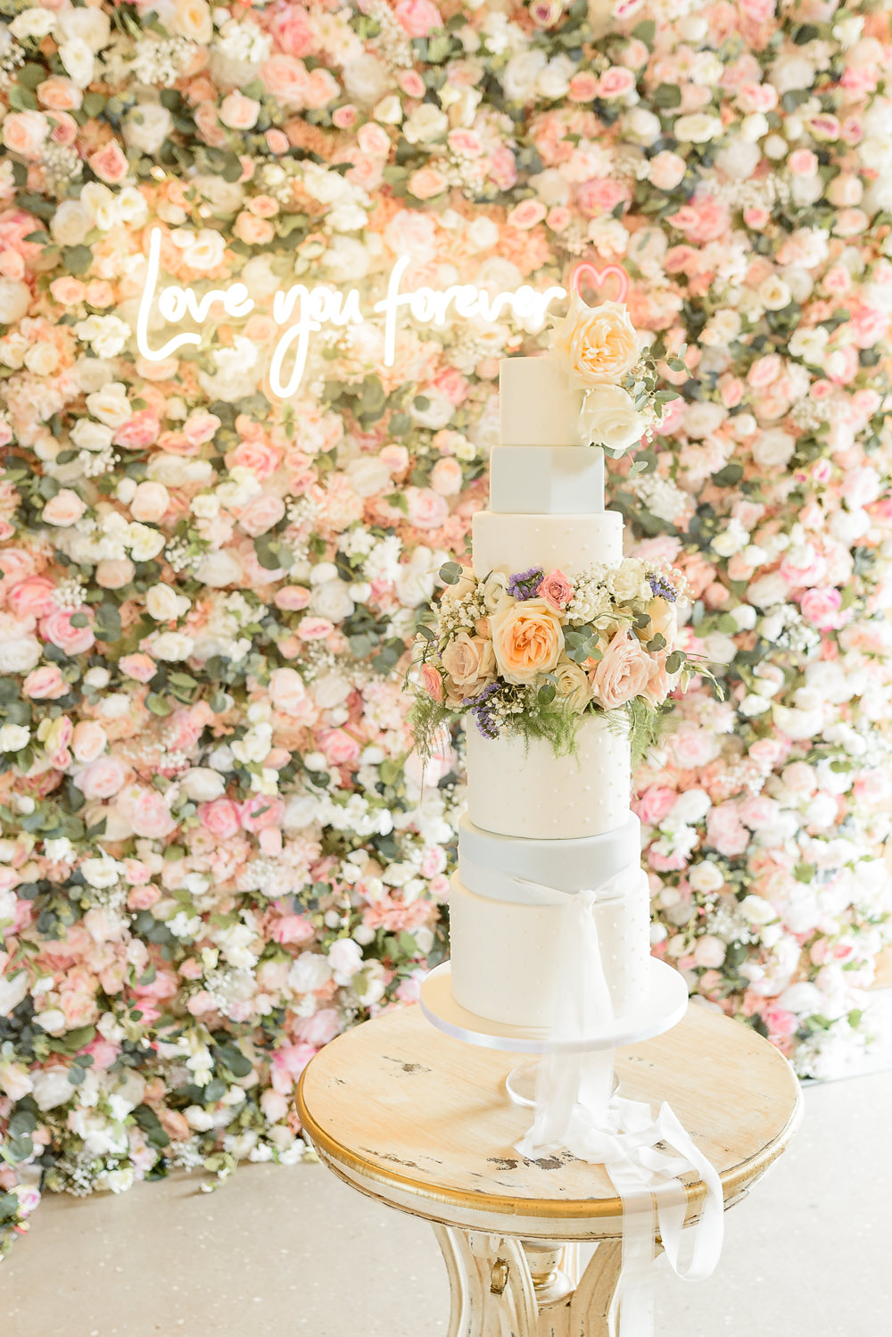 Tall Cake Iced Flowers Floral Flower Wall Backdrop Burlton Manor Wedding Tanya Flannagan Photography