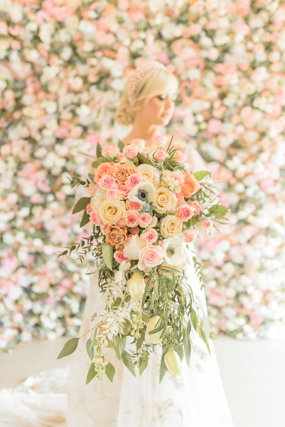 Bouquet Flowers Bride Bridal Large Cascading Pink Rose Foliage Burlton Manor Wedding Tanya Flannagan Photography