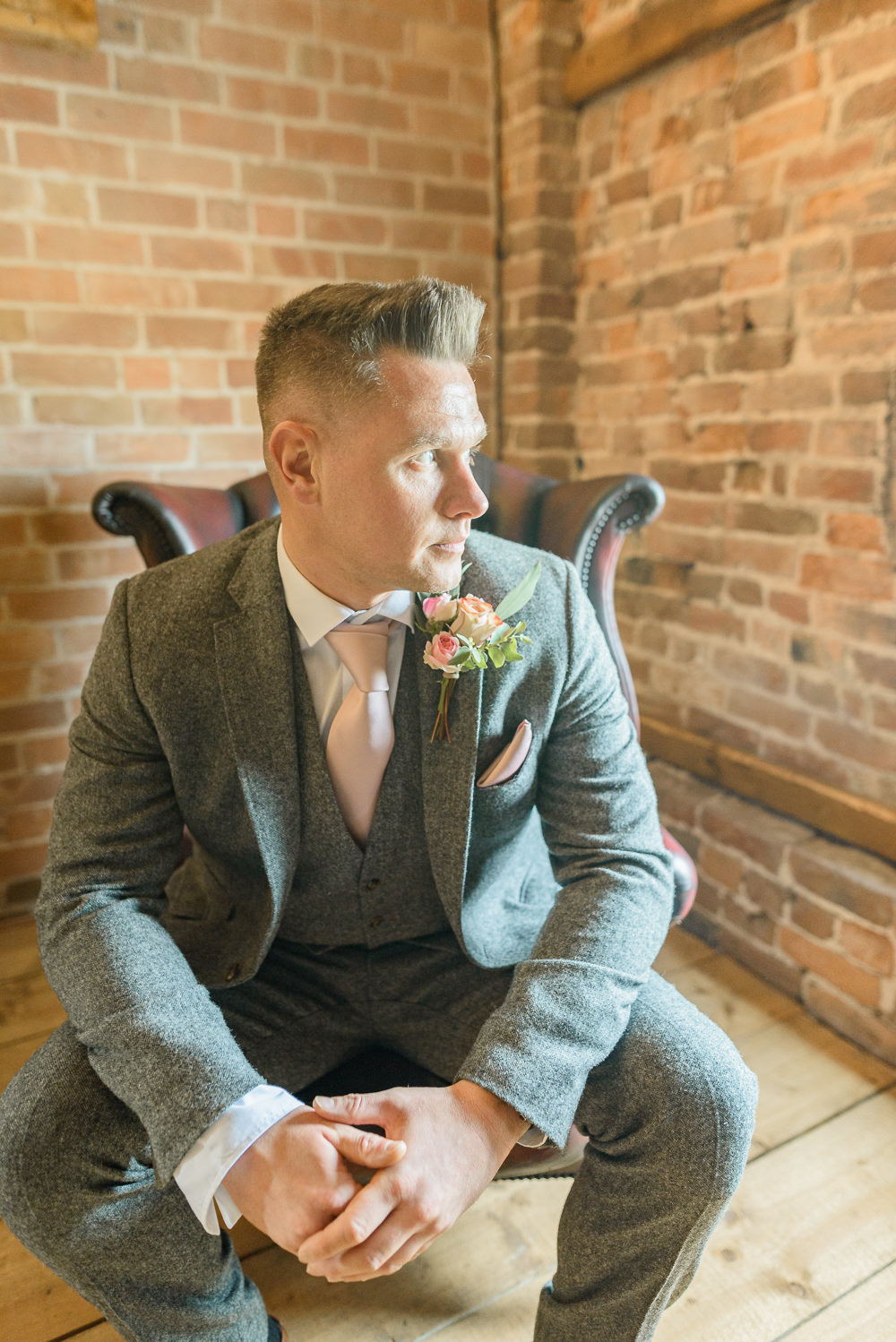Groom Grey Suit Pale Pink Tie Burlton Manor Wedding Tanya Flannagan Photography
