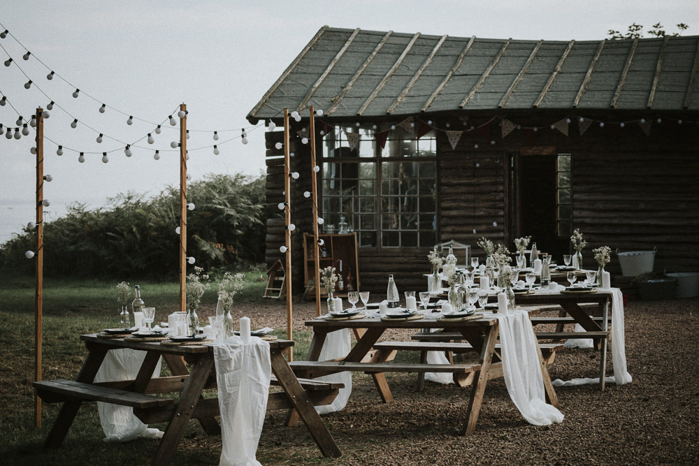 Dunbar Wedding Bernadeta Kupiec Wooden Picnic Benches Tables Decor Outdoor Festoon Lights