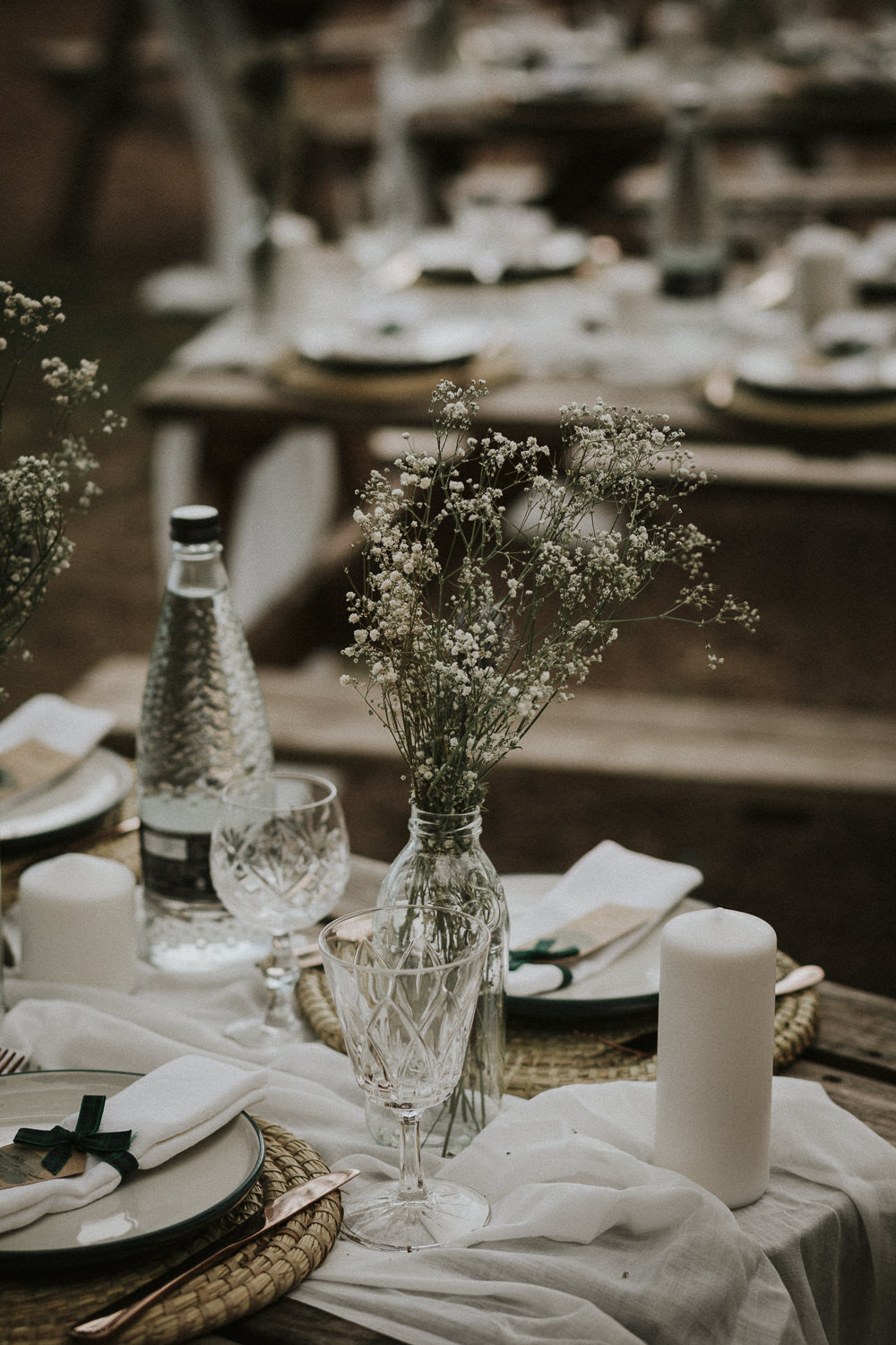 Table Decor Rattan Place Mat Flowers Bottles Candles White Dunbar Wedding Bernadeta Kupiec
