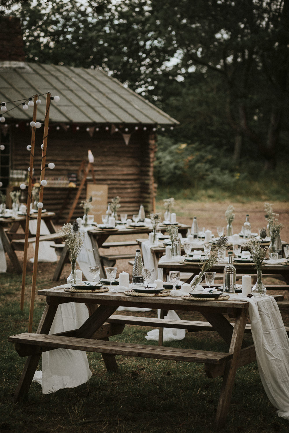 Wooden Picnic Benches Tables Decor Outdoor Festoon Lights Dunbar Wedding Bernadeta Kupiec