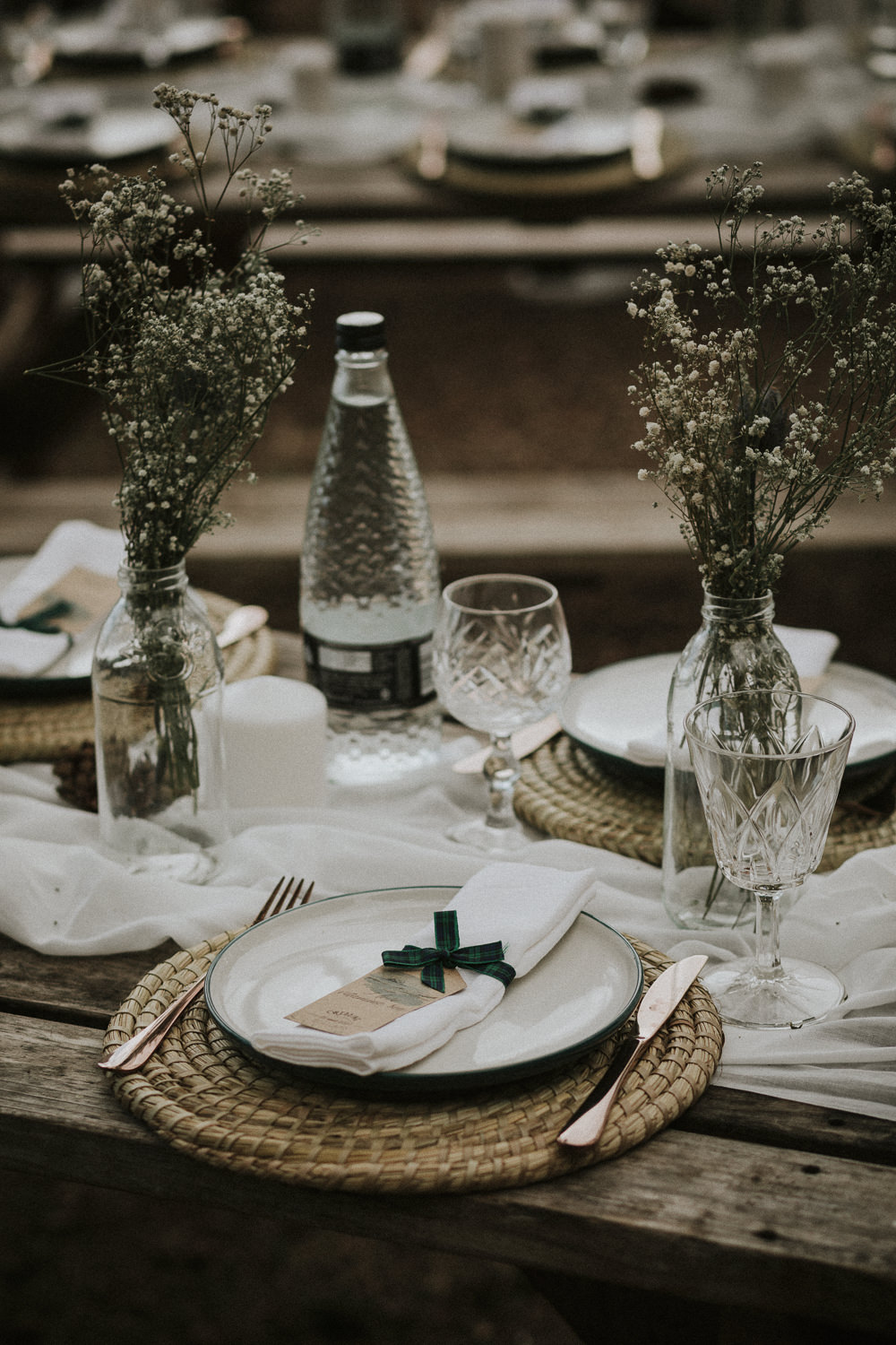 Table Decor Rattan Place Mat Flowers Bottles Candles White Dunbar Wedding Bernadeta Kupiec