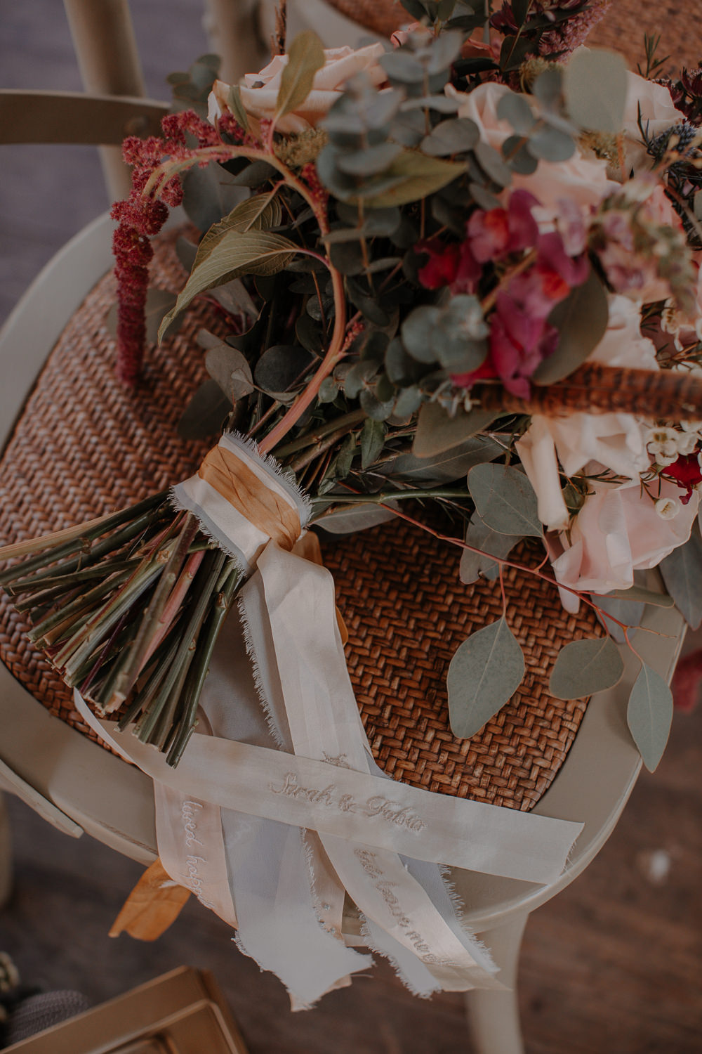 Bouquet Flowers Bride Bridal Rose Thistle Personalised Ribbon Dusky Pink Taupe Wedding Ideas Helen Rose Photography