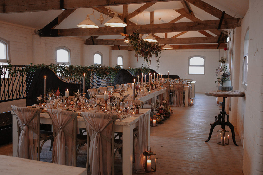 Barn Reception Long Tables Candles Flowers Romantic Dusky Pink Taupe Wedding Ideas Helen Rose Photography
