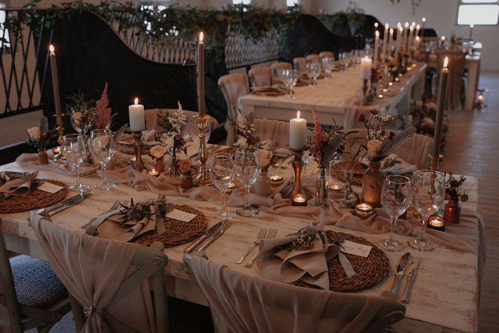 Barn Reception Long Tables Candles Flowers Romantic Dusky Pink Taupe Wedding Ideas Helen Rose Photography