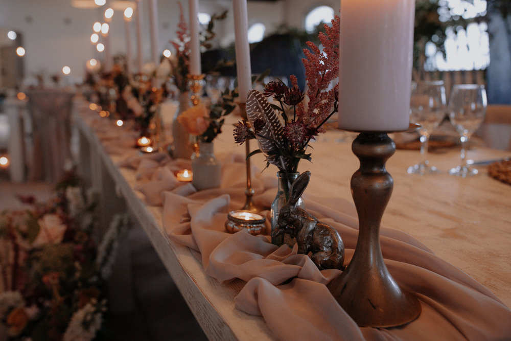 Barn Reception Long Tables Candles Flowers Romantic Dusky Pink Taupe Wedding Ideas Helen Rose Photography