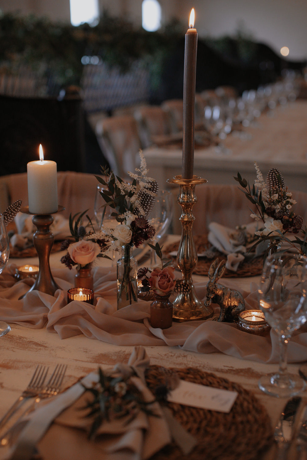 Barn Reception Long Tables Candles Flowers Romantic Dusky Pink Taupe Wedding Ideas Helen Rose Photography