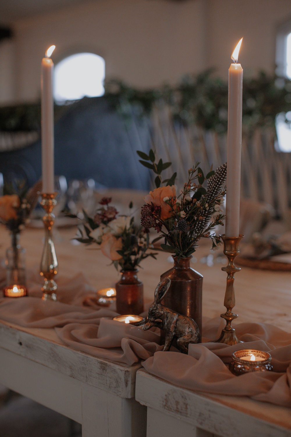 Barn Reception Long Tables Candles Flowers Romantic Dusky Pink Taupe Wedding Ideas Helen Rose Photography