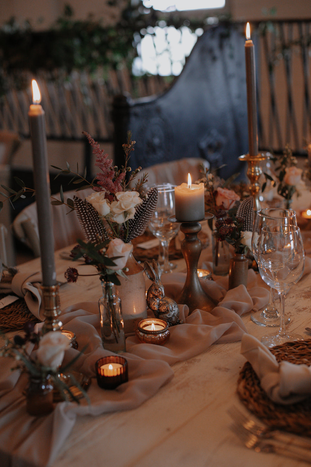 Barn Reception Long Tables Candles Flowers Romantic Dusky Pink Taupe Wedding Ideas Helen Rose Photography