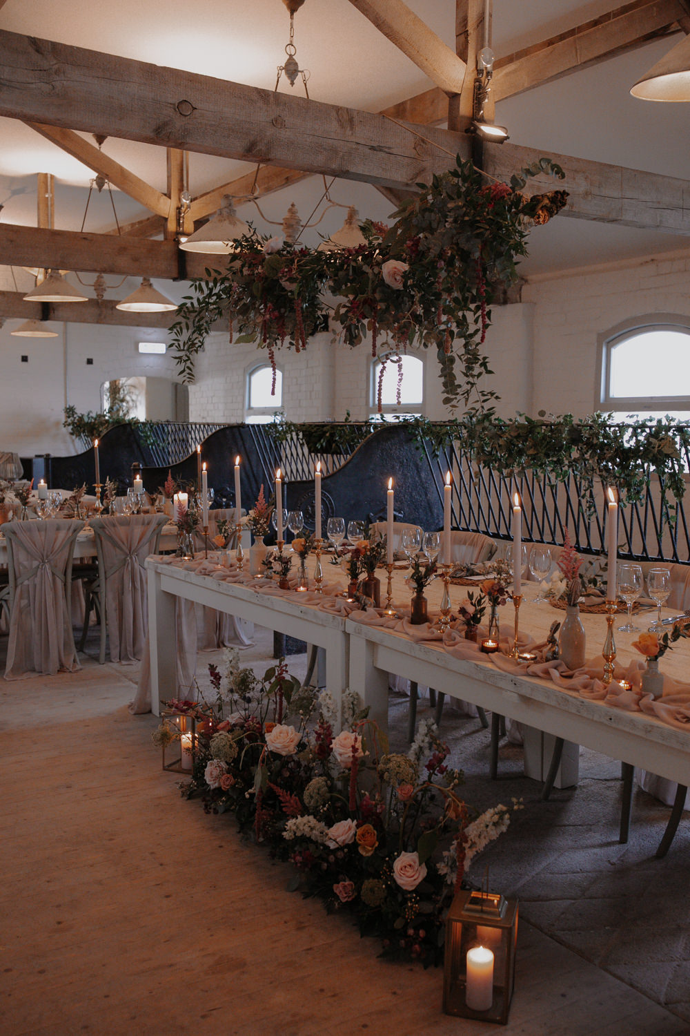 Barn Reception Long Tables Candles Flowers Romantic Dusky Pink Taupe Wedding Ideas Helen Rose Photography