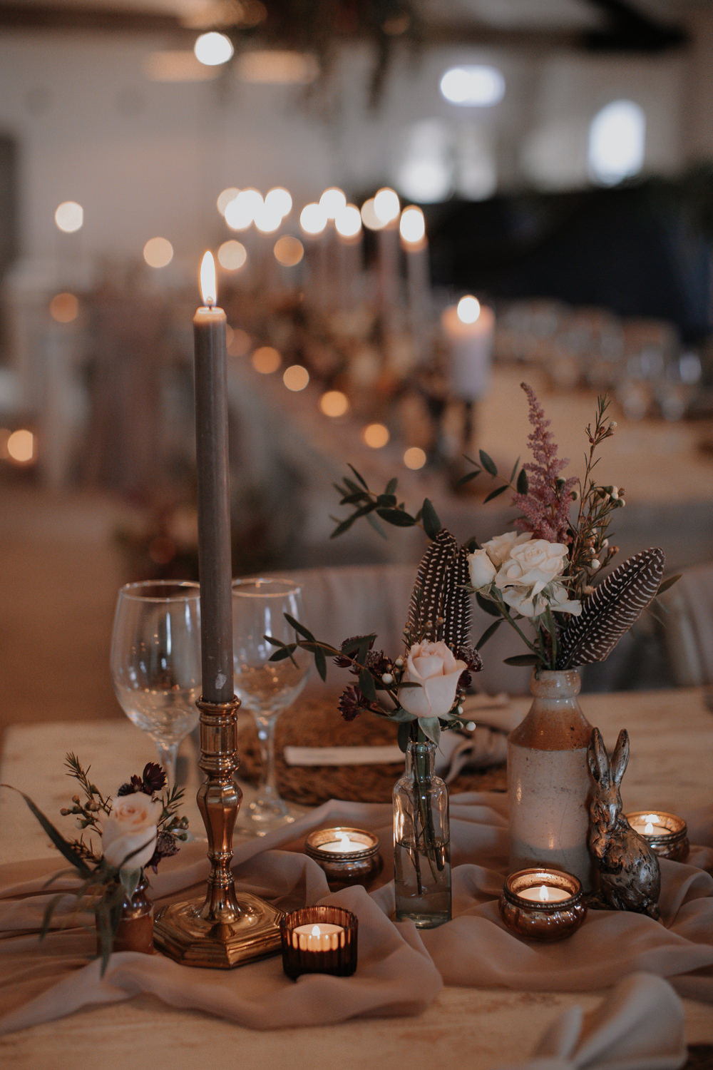 Barn Reception Long Tables Candles Flowers Romantic Dusky Pink Taupe Wedding Ideas Helen Rose Photography