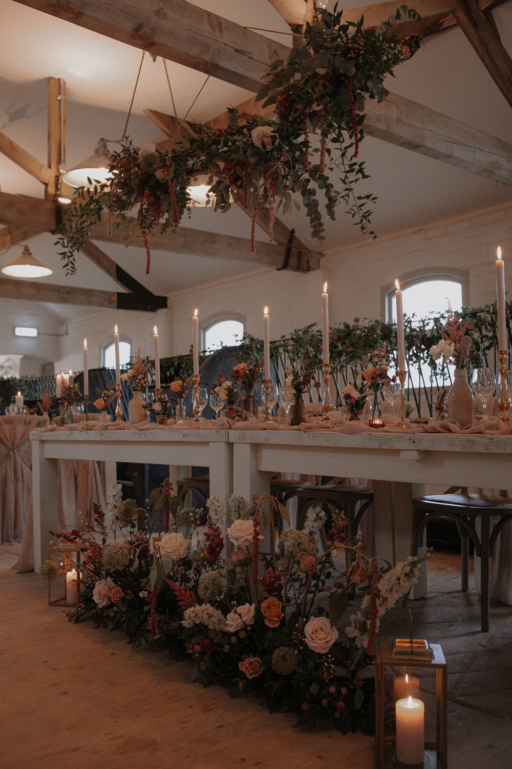 Barn Reception Long Tables Candles Flowers Romantic Dusky Pink Taupe Wedding Ideas Helen Rose Photography
