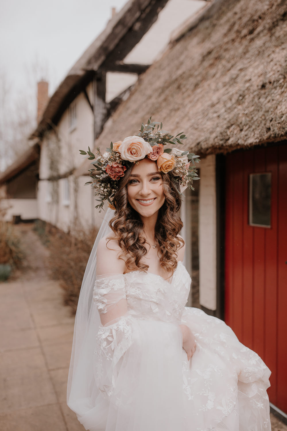 Dress Gown Bride Bridal Lace Boho Sleeves Veil Dusky Pink Taupe Wedding Ideas Helen Rose Photography