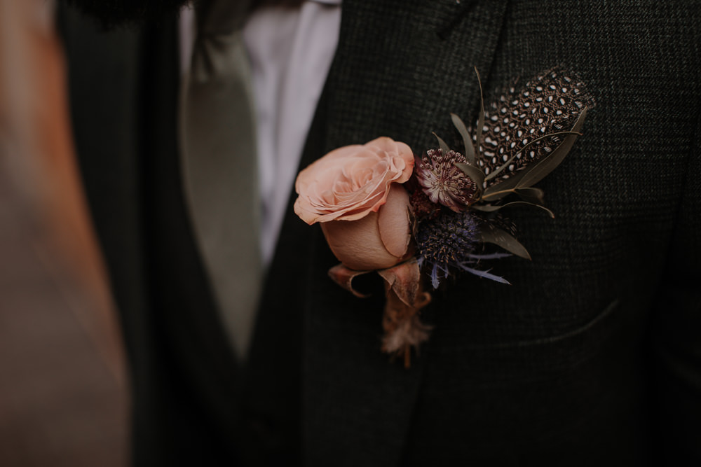 Rose Feather Buttonhole Groom Dusky Pink Taupe Wedding Ideas Helen Rose Photography