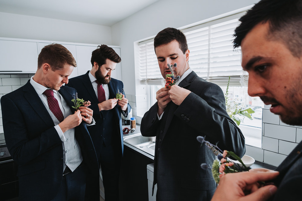Engine Shed Wedding Nicola Mackrill Photography Groom Groomsmen Grey Suit Red Tie