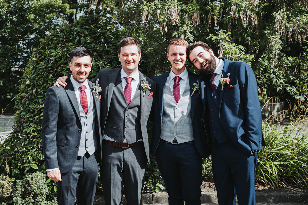 Groom Groomsmen Grey Suit Red Tie Engine Shed Wedding Nicola Mackrill Photography