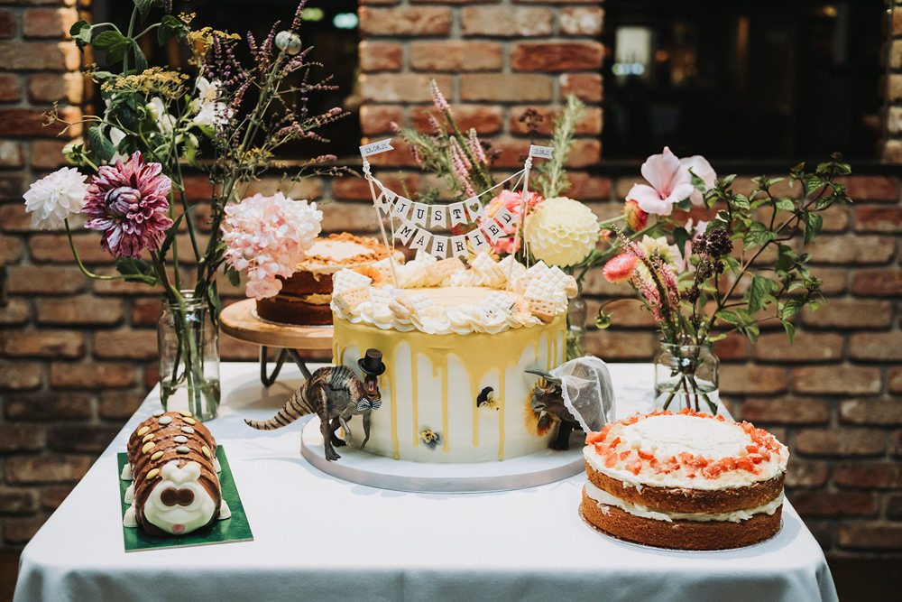 Drip Cake Dinosaurs Table Engine Shed Wedding Nicola Mackrill Photography