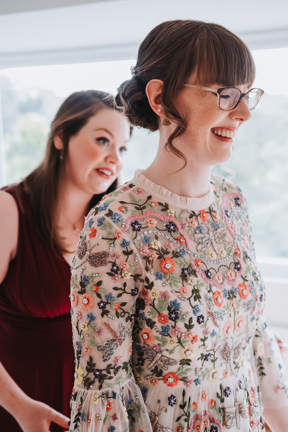 Dress Gown Bride Bridal Colourful Floral Embroidered Engine Shed Wedding Nicola Mackrill Photography