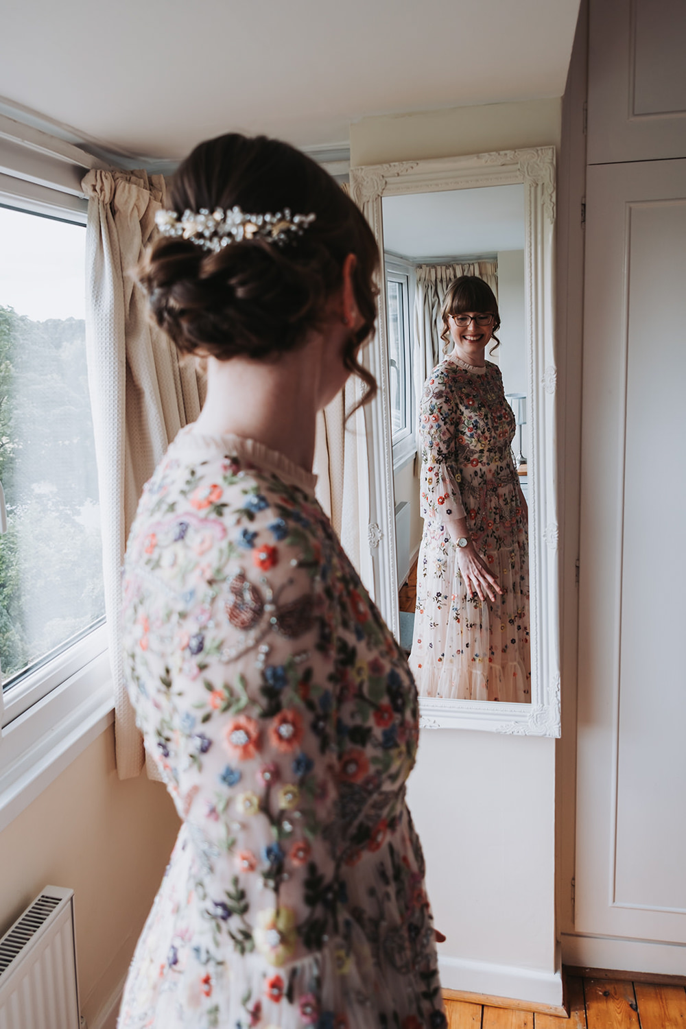Dress Gown Bride Bridal Colourful Floral Embroidered Engine Shed Wedding Nicola Mackrill Photography