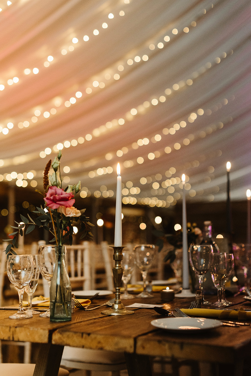 Marquee Fairy Lights Table Centrepiece Candles Flower Bottles Fife Wedding Emma Lawson Photography