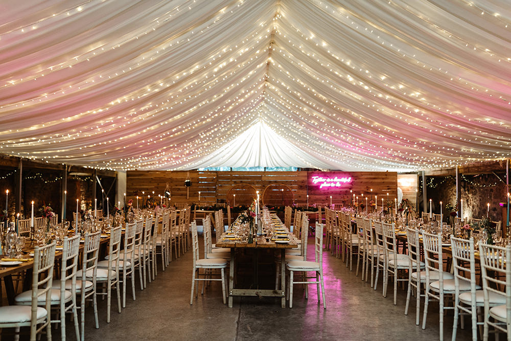 Marquee Fairy Lights Table Centrepiece Candles Flower Bottles Fife Wedding Emma Lawson Photography