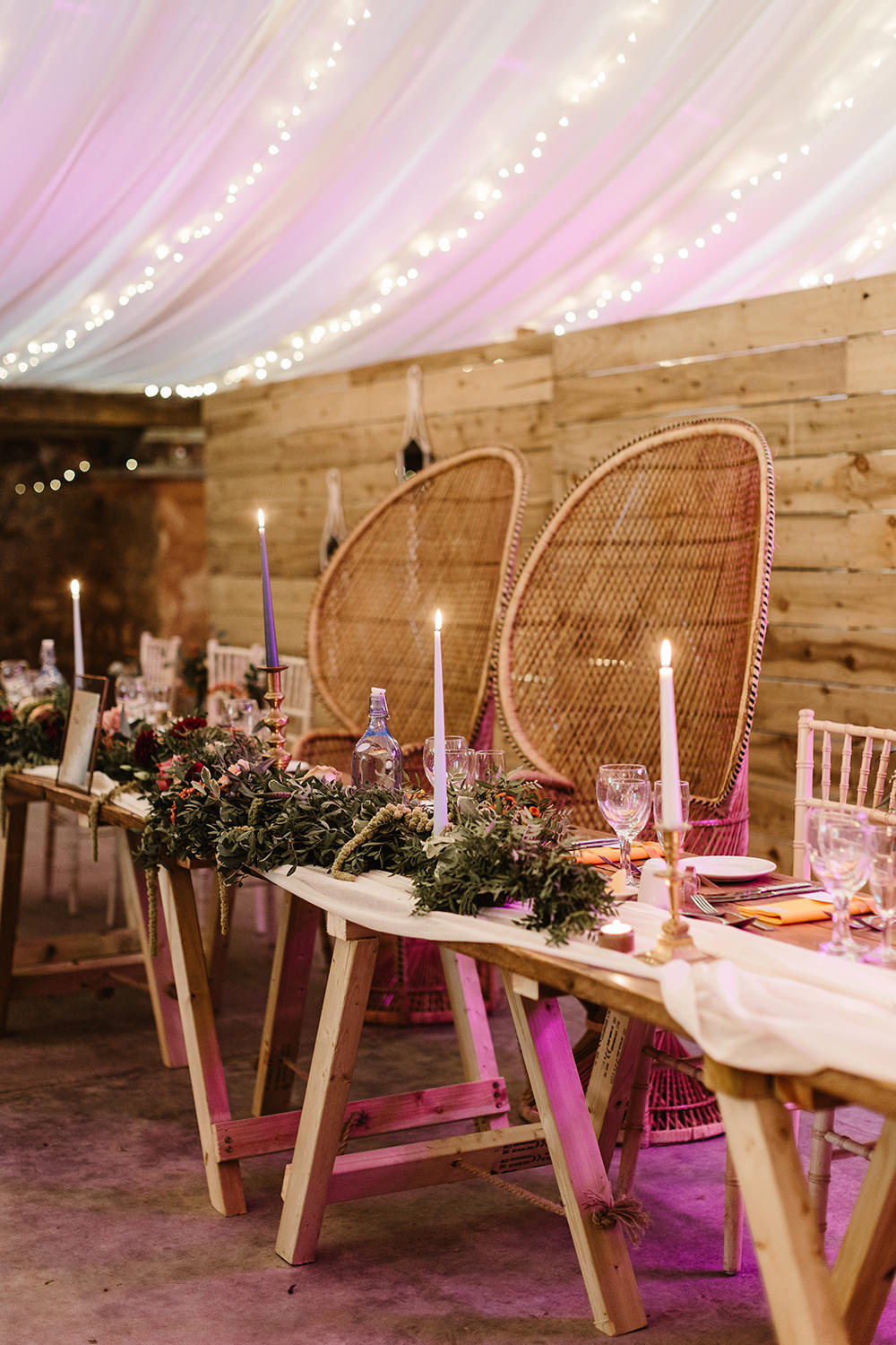Marquee Fairy Lights Table Centrepiece Candles Flower Bottles Peacock Chairs Fife Wedding Emma Lawson Photography