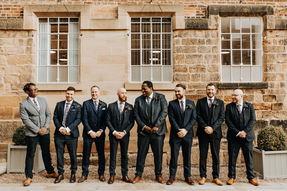 Groom Groomsmen Suits Navy Floral Tie Tan Shoes Industrial Derbyshire Wedding Wyldbee