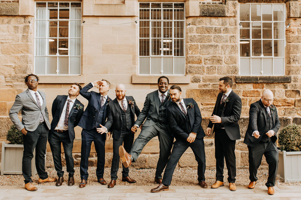 Groom Groomsmen Suits Navy Floral Tie Tan Shoes Industrial Derbyshire Wedding Wyldbee