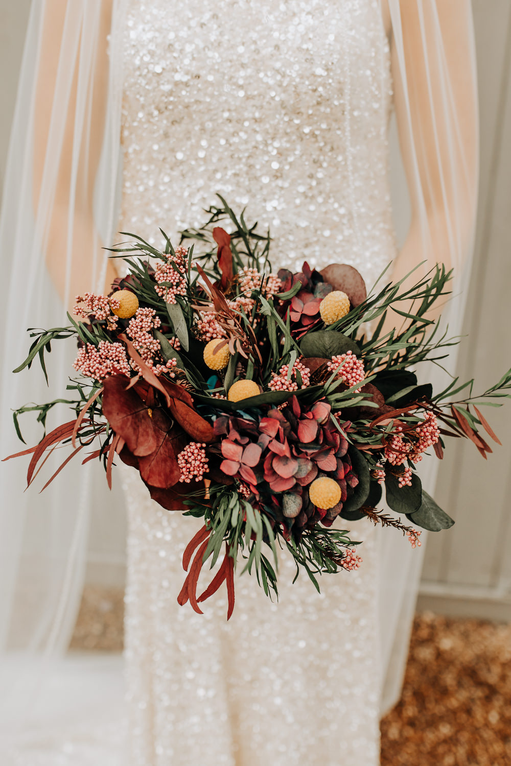 Bouquet Flowers Bride Bridal Autumn Pink Red Hydrangea Billy Ball Industrial Derbyshire Wedding Wyldbee