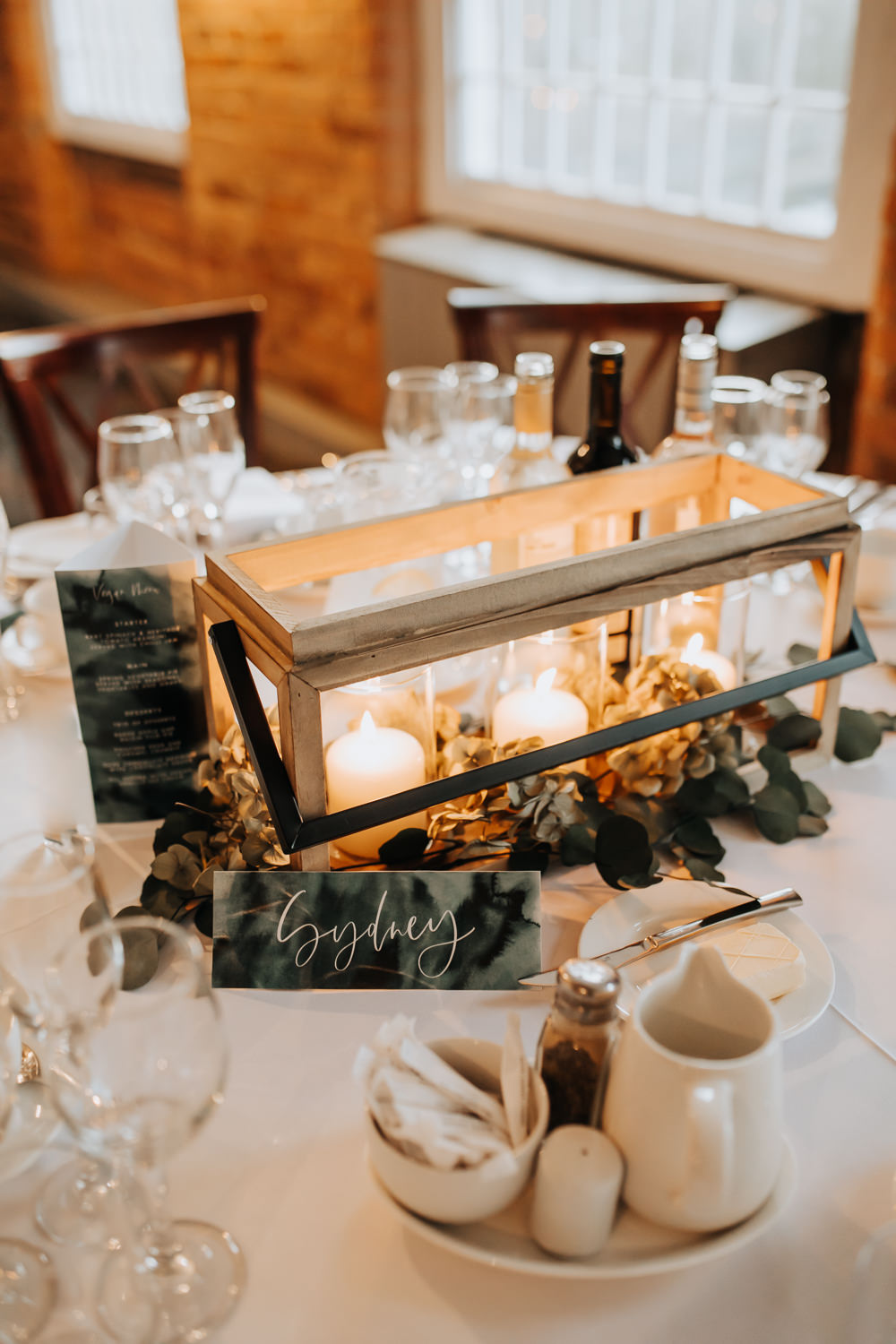 Table Decor Centrepiece Candles Greenery Leaves Industrial Derbyshire Wedding Wyldbee