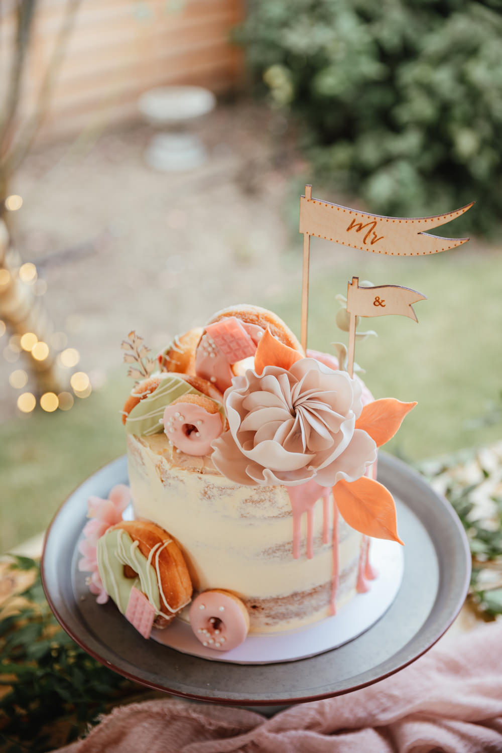 Semi Naked Cake Party Rings Flag Topper His Hers Intimate Garden Wedding Victoria Baker Weddings
