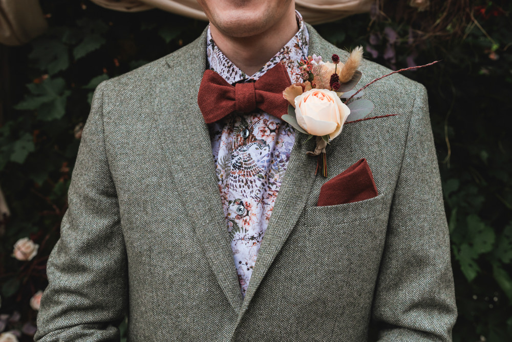 Groom Grey Suit Floral Shirt Red Bow Tie Intimate Garden Wedding Victoria Baker Weddings