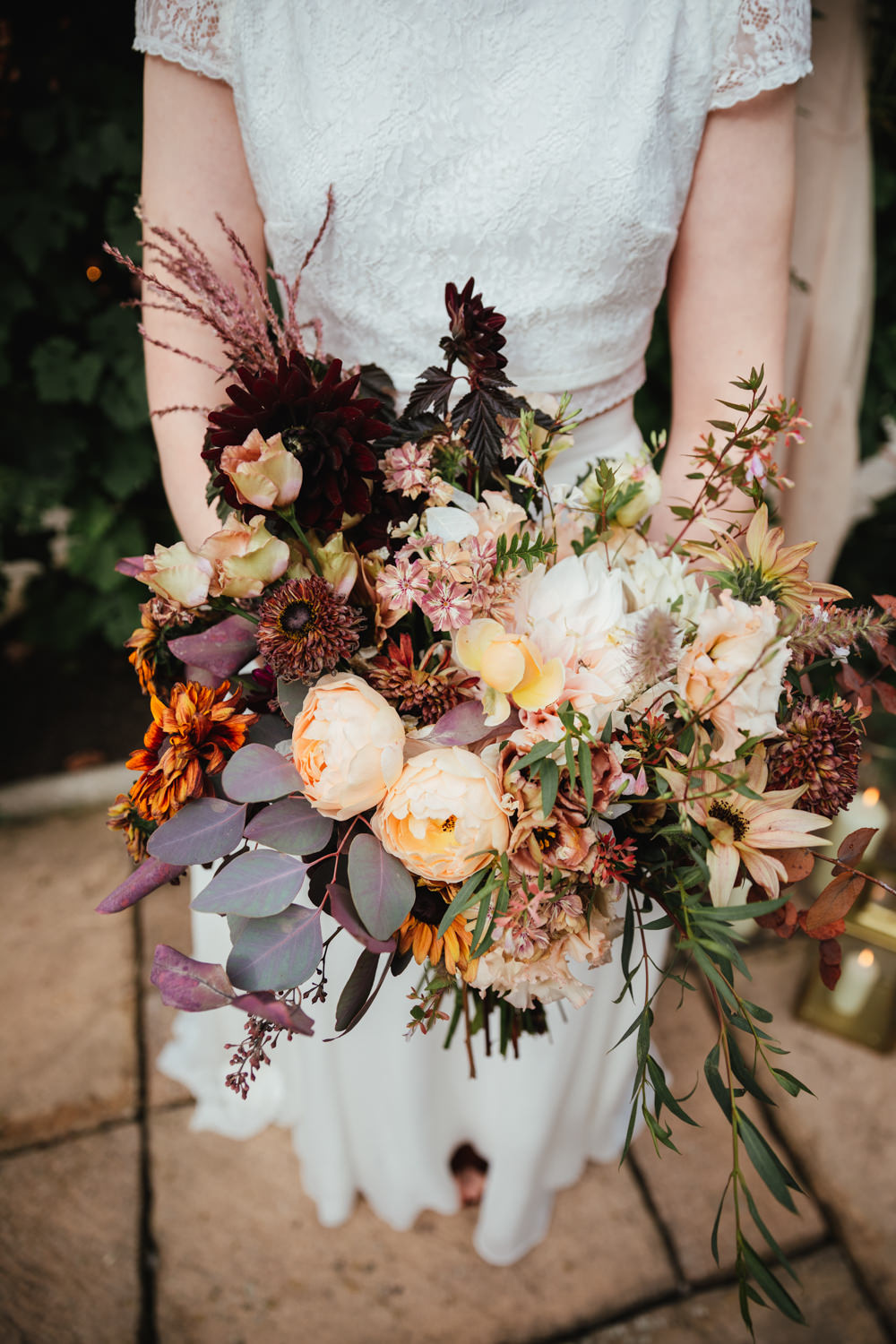 Bouquet Flowers Bride Bridal Red Foliage Rose Orange Intimate Garden Wedding Victoria Baker Weddings