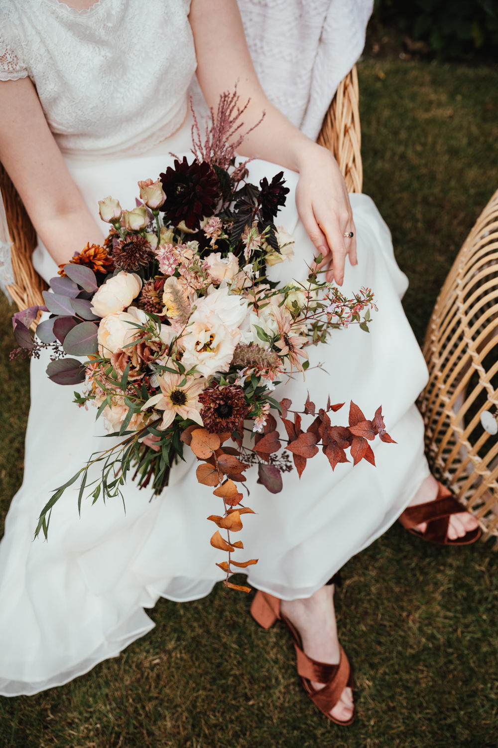 Bouquet Flowers Bride Bridal Red Foliage Rose Orange Intimate Garden Wedding Victoria Baker Weddings