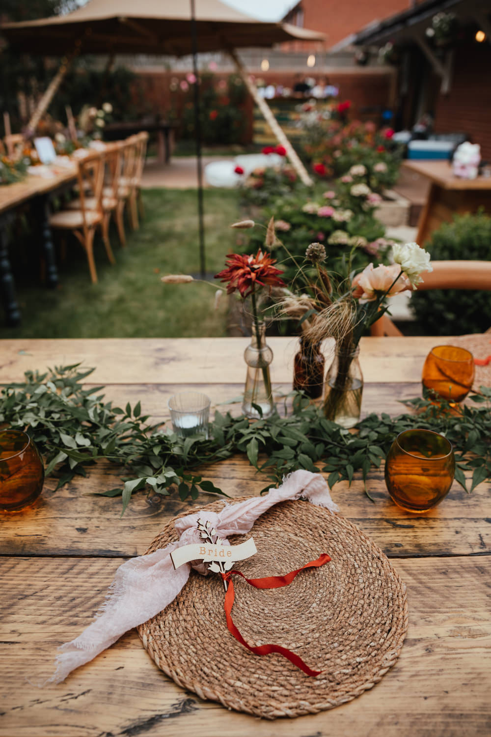 Table Decor Greenery Grass Rattan Place Mats Wooden Place Setting Intimate Garden Wedding Victoria Baker Weddings