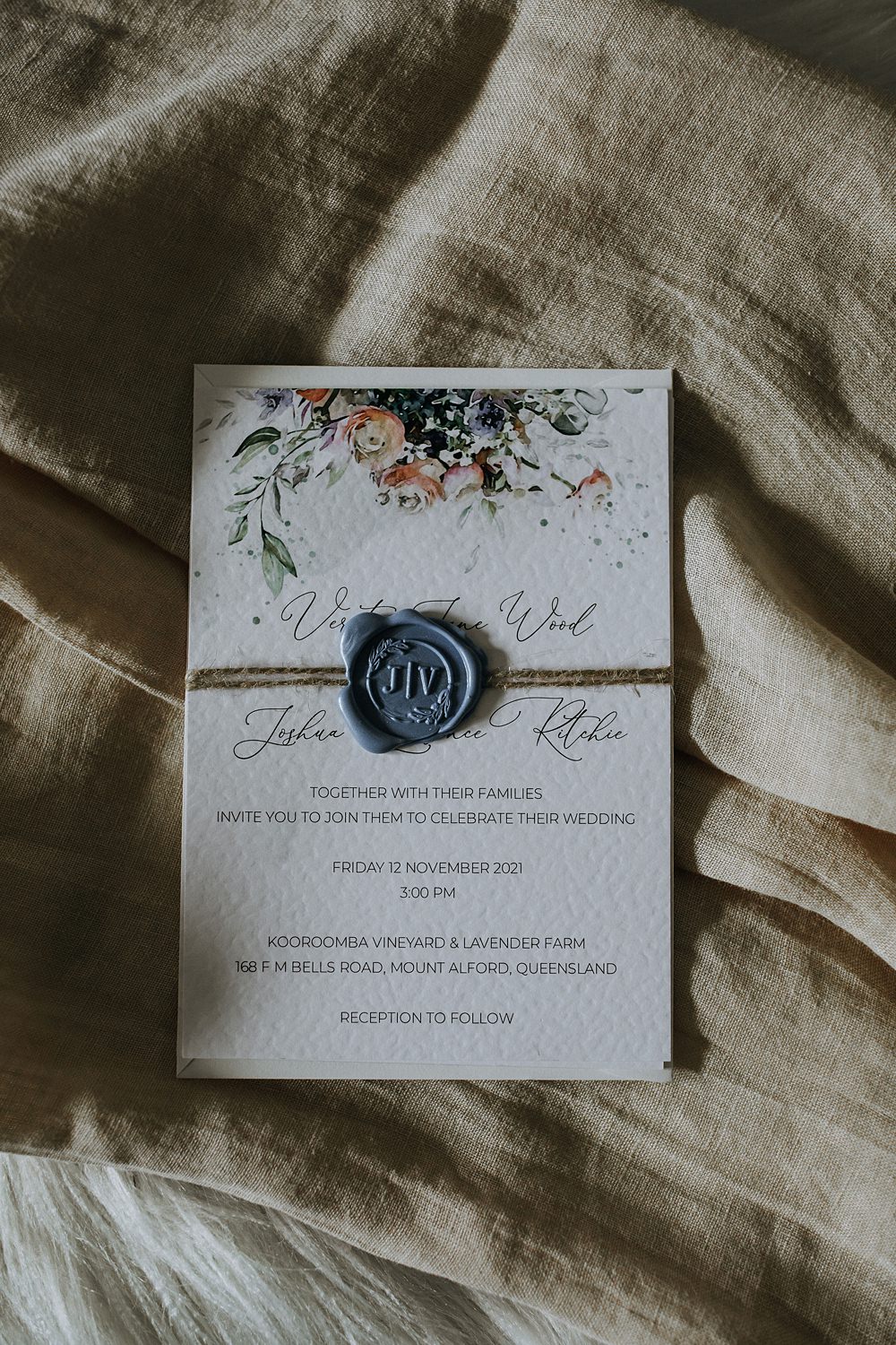 Kooroomba Lavender Farm Wedding Jessica Turich Photography Floral Invite Invitation Stationery Wax Seal