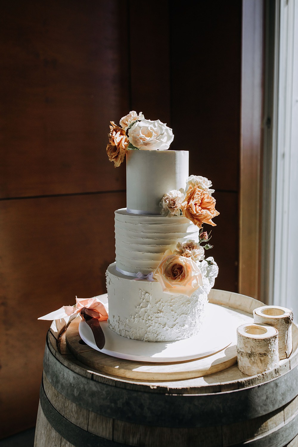 White Iced Cake Three Tier Peach Flowers Kooroomba Lavender Farm Wedding Jessica Turich Photography
