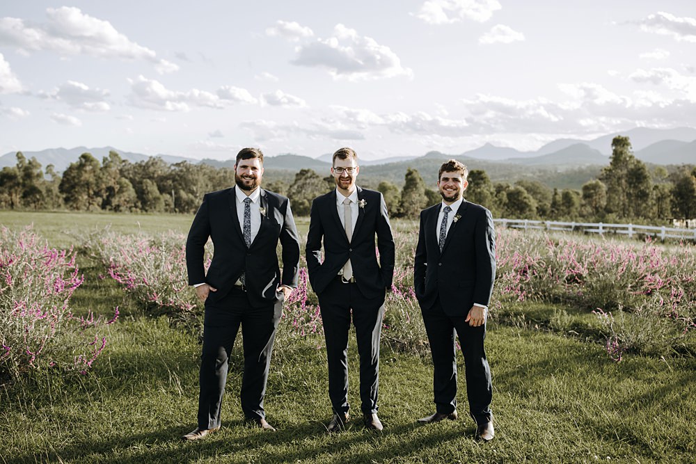 Groom Groomsmen Black Suits Kooroomba Lavender Farm Wedding Jessica Turich Photography
