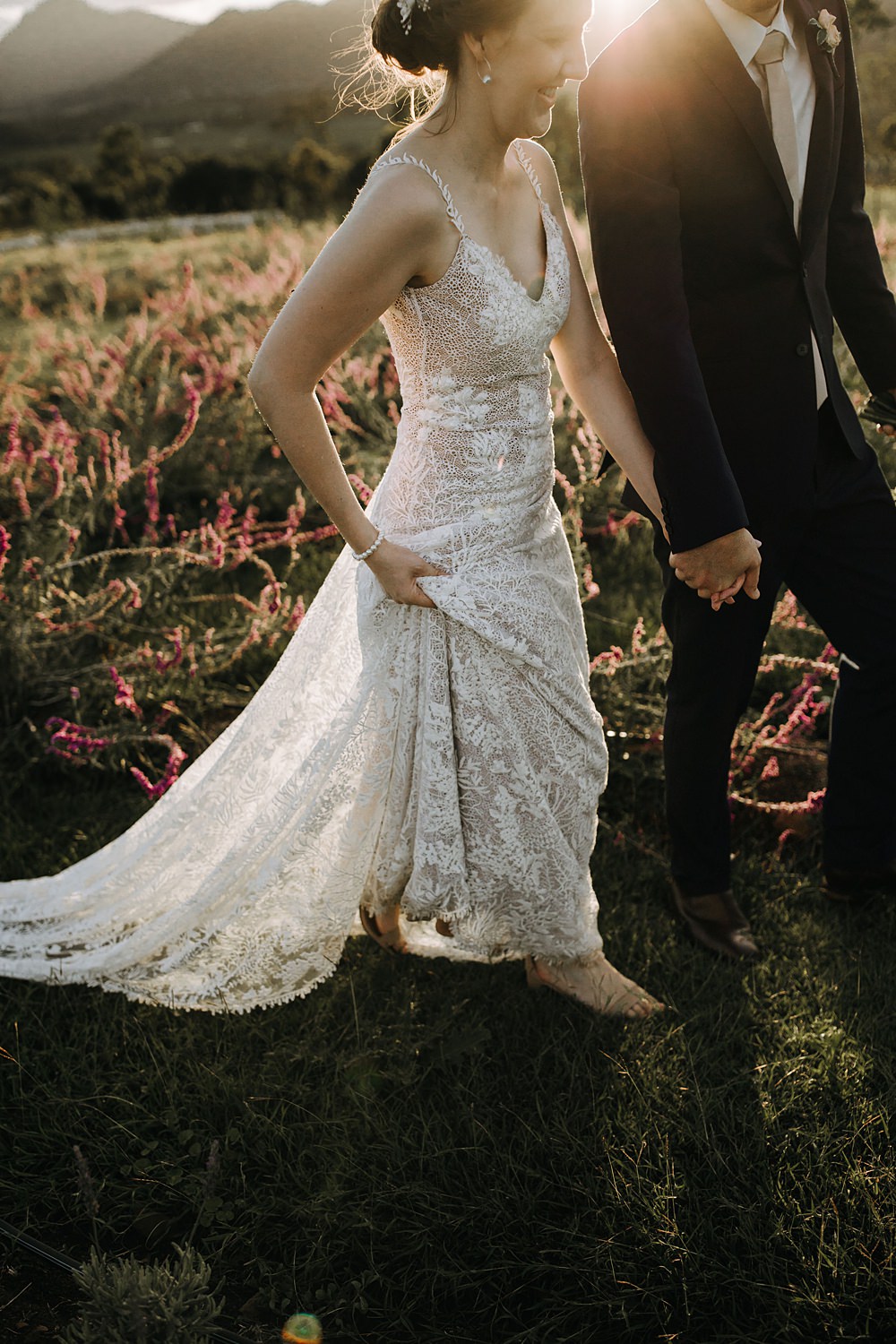 Lace Gown Bride Bridal Train Kooroomba Lavender Farm Wedding Jessica Turich Photography