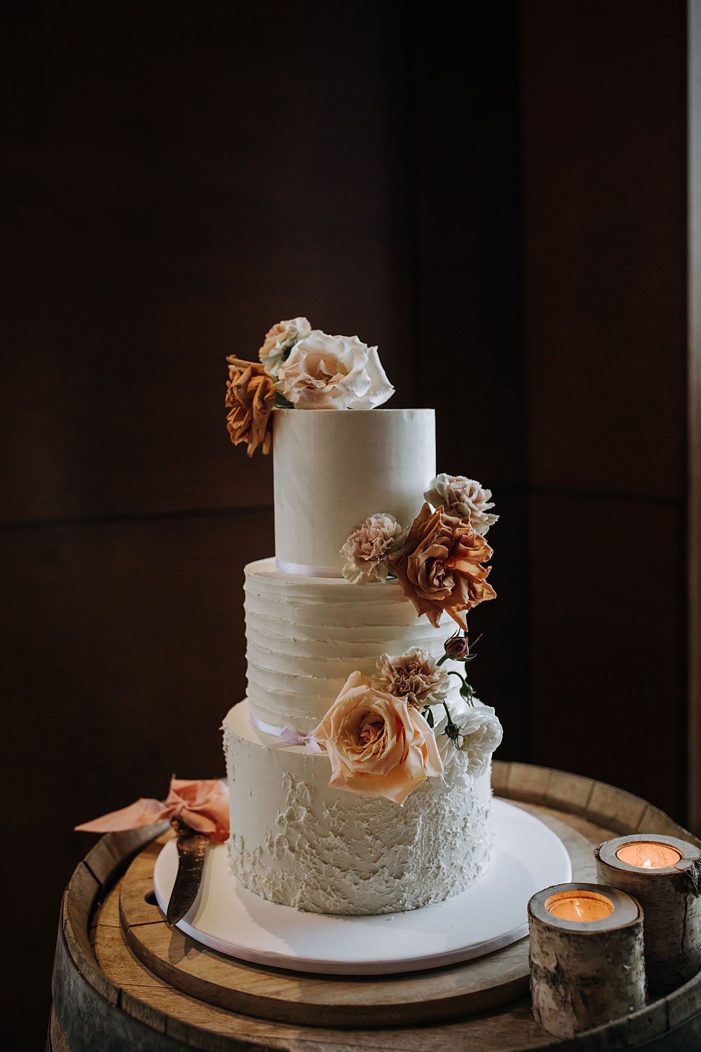 White Iced Cake Three Tier Peach Flowers Kooroomba Lavender Farm Wedding Jessica Turich Photography