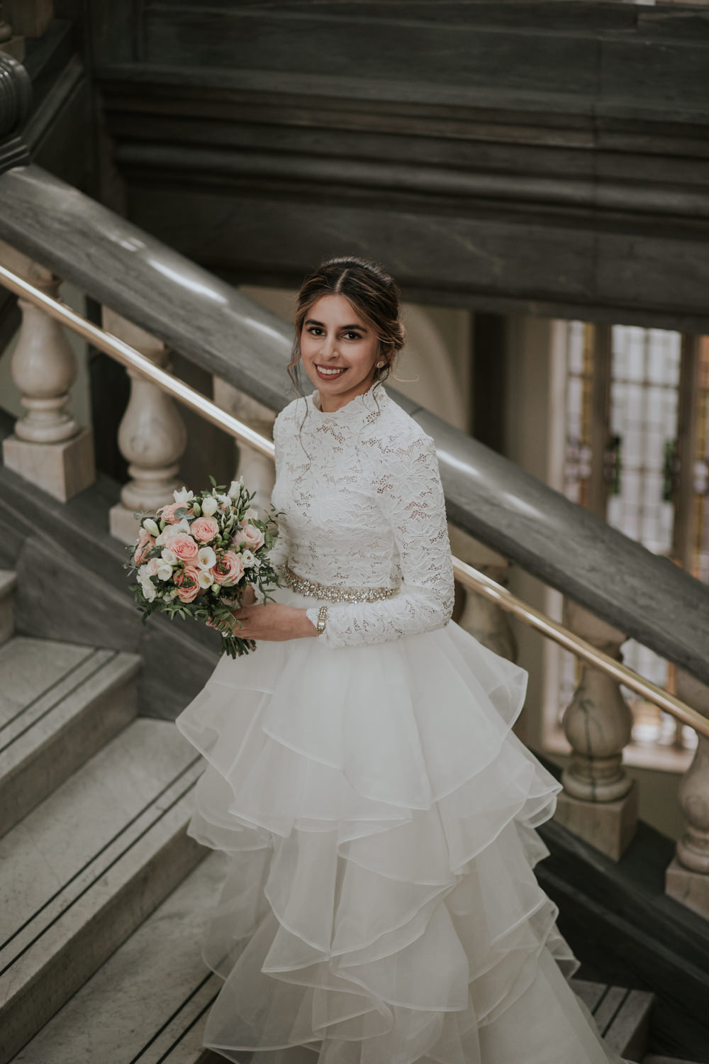 Dress Gown Bride Bridal Ruffle Skirt Lace Long Sleeves London Civil Ceremony Wedding Grace Pham Photography