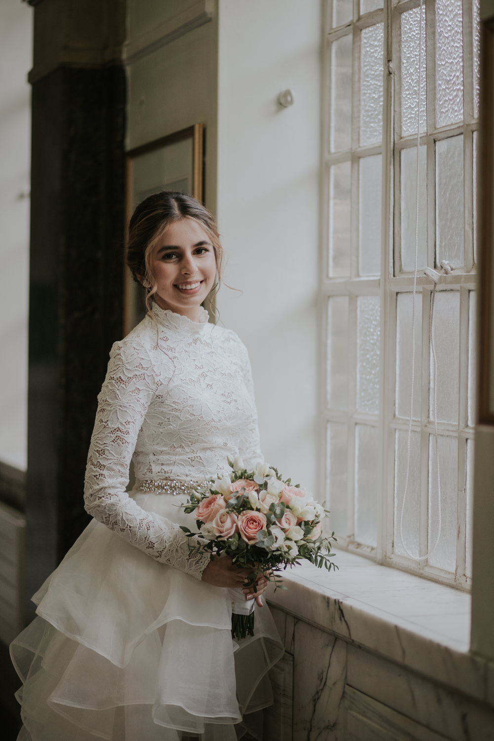 Dress Gown Bride Bridal Ruffle Skirt Lace Long Sleeves London Civil Ceremony Wedding Grace Pham Photography